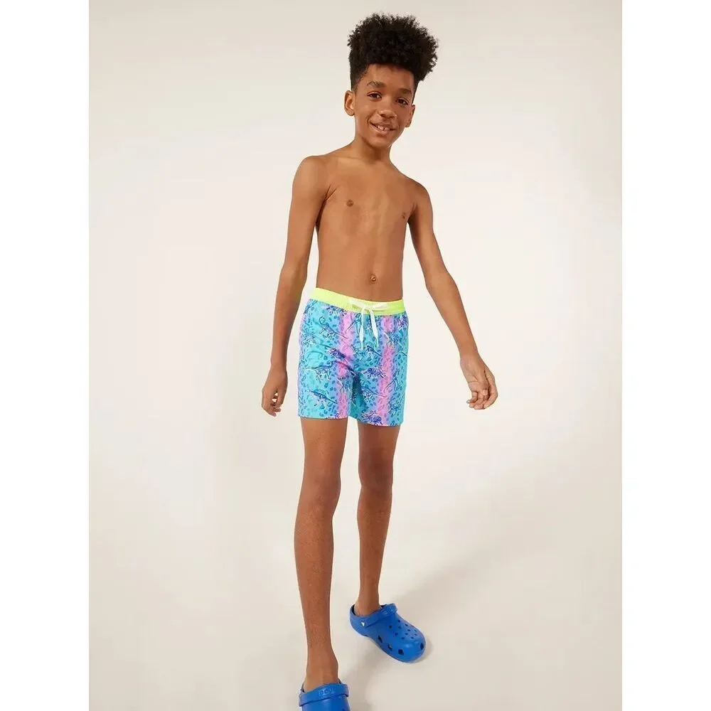 Chubbies The Dino Delights Youth Classic Mesh Lined Swim Trunks Blue/Pink Dinosa